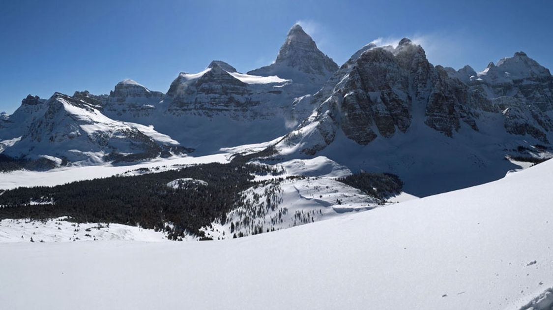 Panoramic view of Mount Assiniboine on a hike