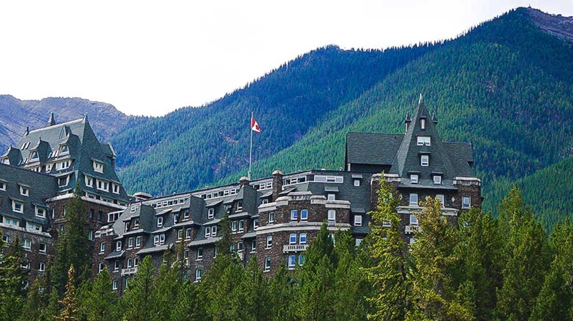 Panorama from the Banff Bow River to Bow Falls to Banff Springs hike in Banff, Alberta