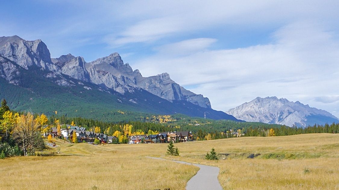 Panorama of the Bow River trail hike in Canmore, the Canadian Rockies