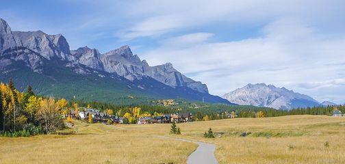 Panorama of the Bow River trail hike in Canmore, the Canadian Rockies