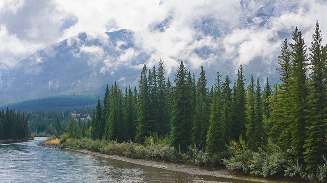 Main Street, Bow River and the Rail Bridge in Canmore, the Canadian Rockies