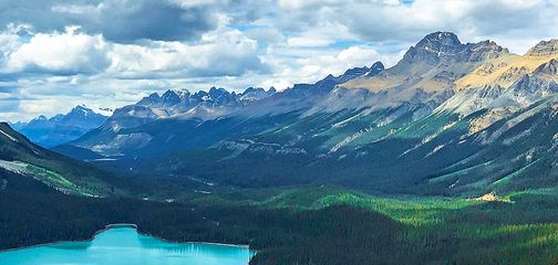 Panorama of the Peyto Lake Viewpoint hike from Icefields Parkway, the Canadian Rockies