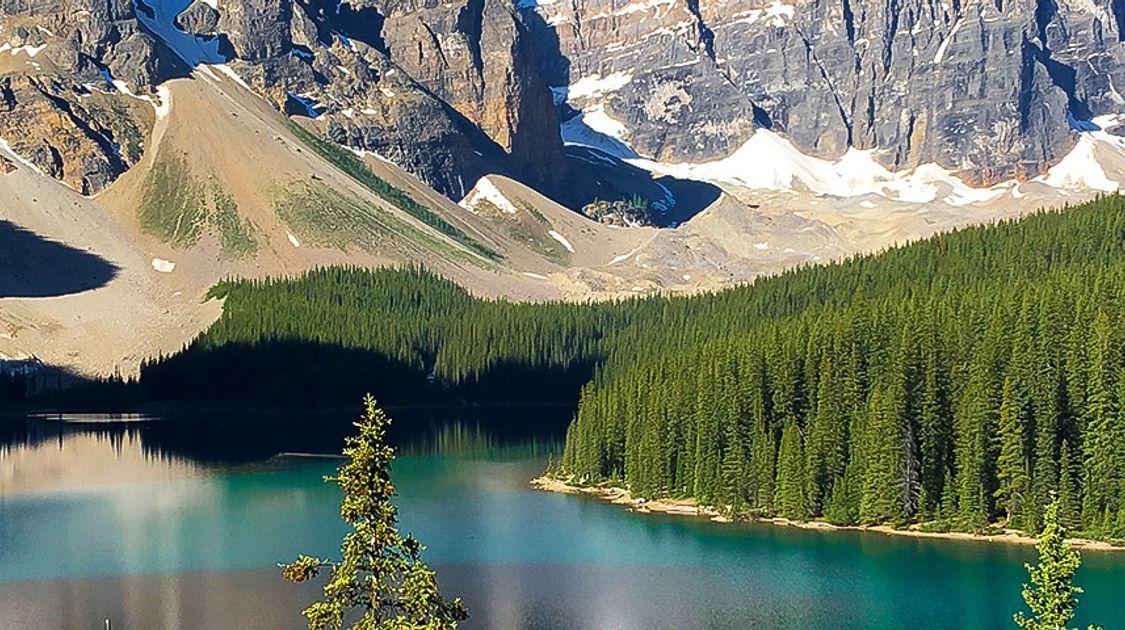 Panorama of the Moraine Lake Rockpile and Lakeshore hike near Lake Louise, Banff National Park