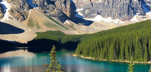 Panorama of the Moraine Lake Rockpile and Lakeshore hike near Lake Louise, Banff National Park
