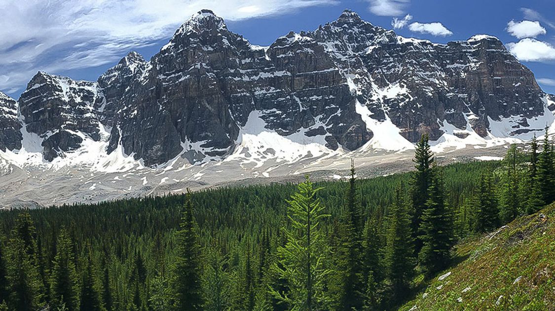Panorama from the Eiffel Lake and Wenkchemna Pass hike in Lake Louise, Banff National Park, Alberta