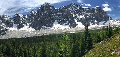 Panorama from the Eiffel Lake and Wenkchemna Pass hike in Lake Louise, Banff National Park, Alberta