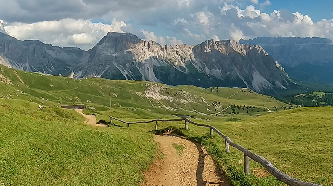 Panoramic views from the Circuit of Seceda hike in Dolomites, Italy
