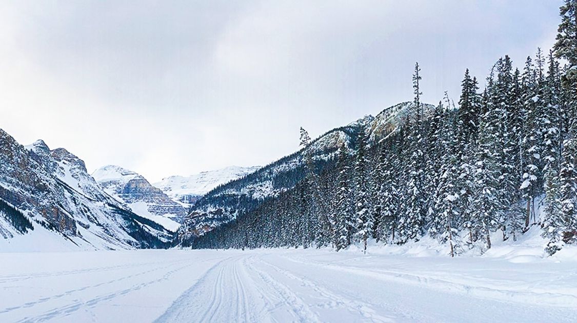 Panorama of Lake Louise Lakeshore XC ski trail in Banff National Park, Alberta