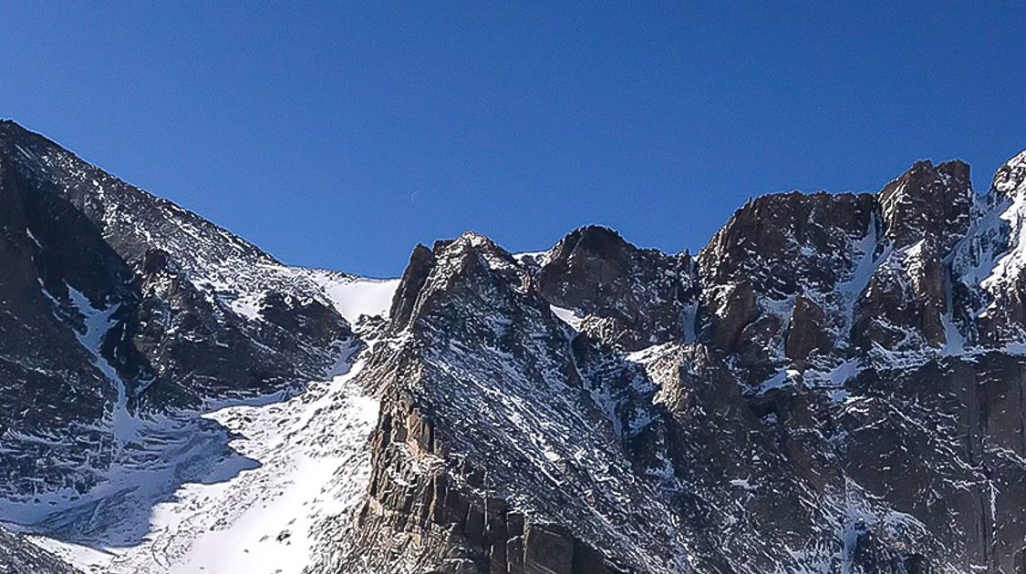 Panorama of Chasm Lake snowshoe trail in Rocky Mountain National Park, Colorado