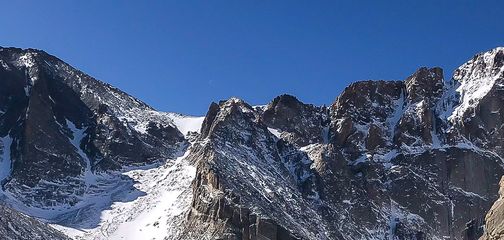 Panorama of Chasm Lake snowshoe trail in Rocky Mountain National Park, Colorado