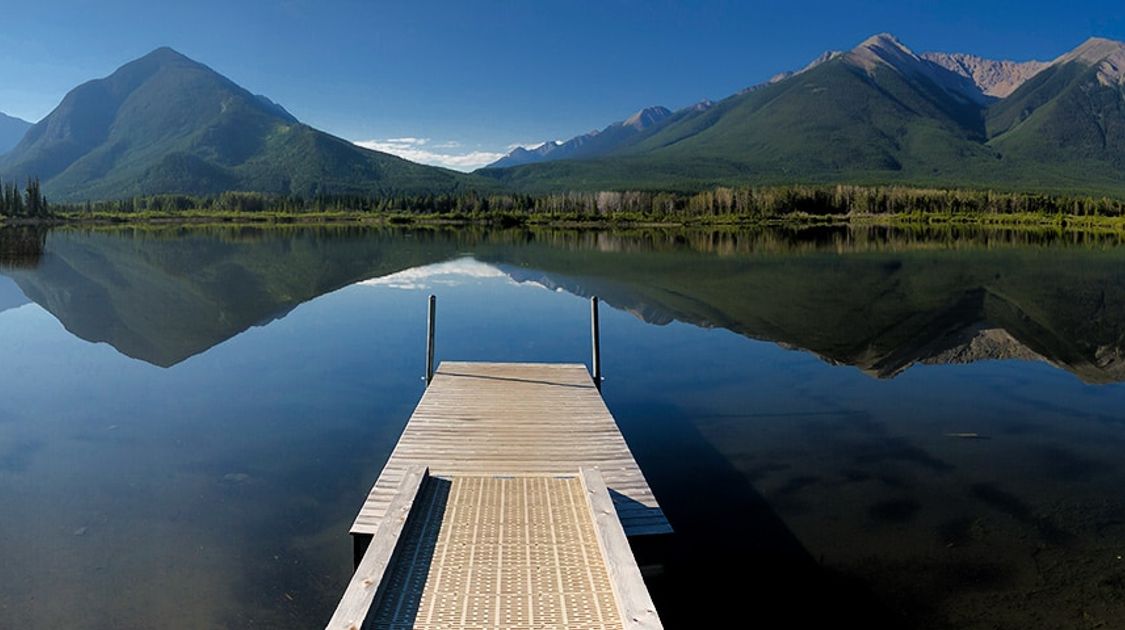 Panoramic view of Vermilion Lakes road biking route in Banff National Park, the Canadian Rockies