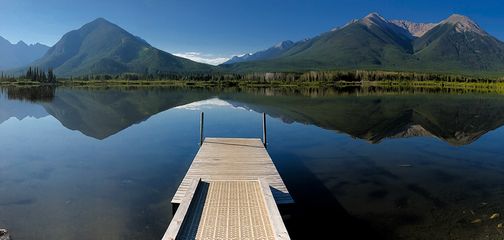 Panoramic view of Vermilion Lakes road biking route in Banff National Park, the Canadian Rockies
