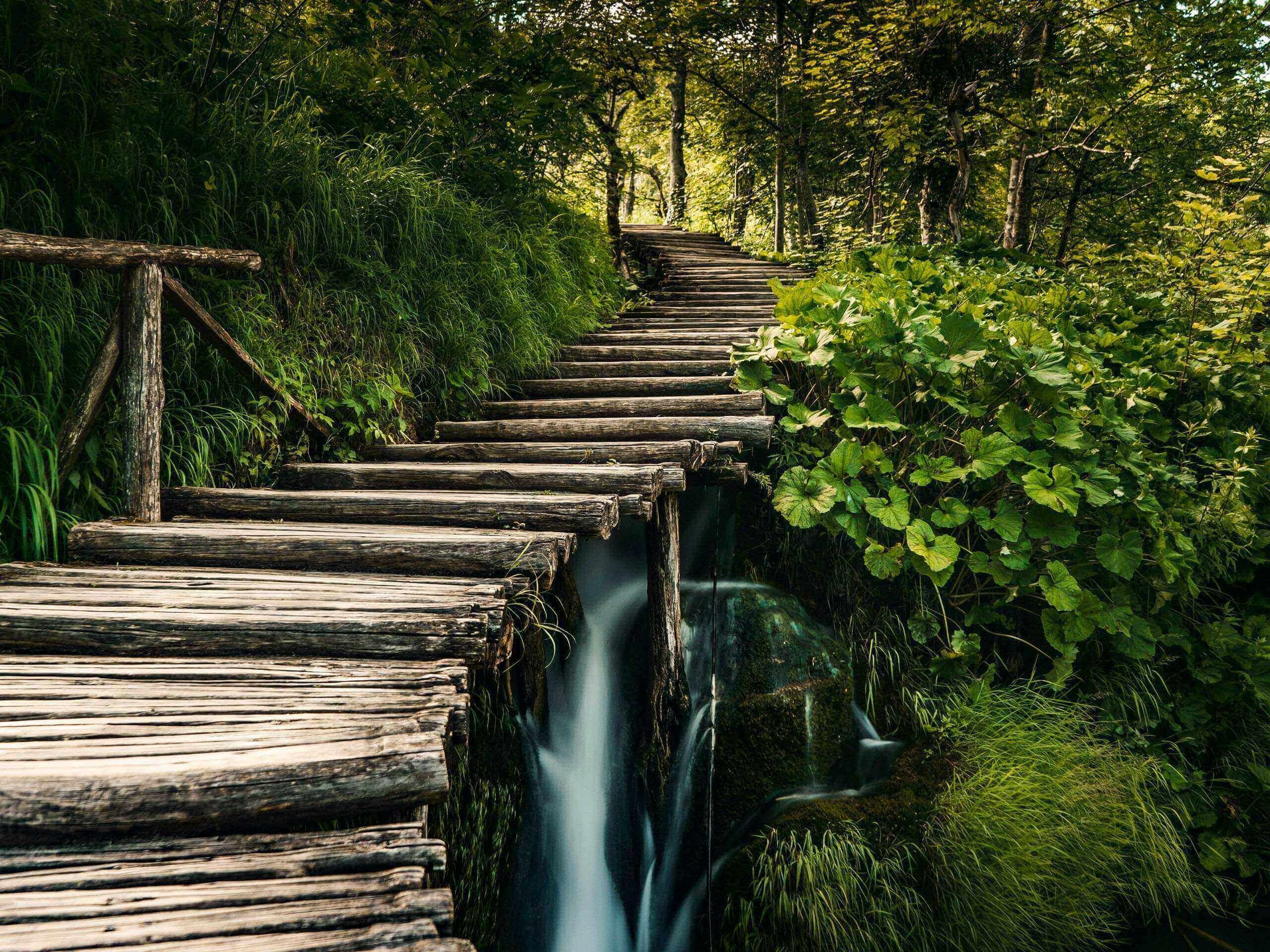 Wooden steps over waterfalls Plitvice Lakes National Park Plitvicka Jezera