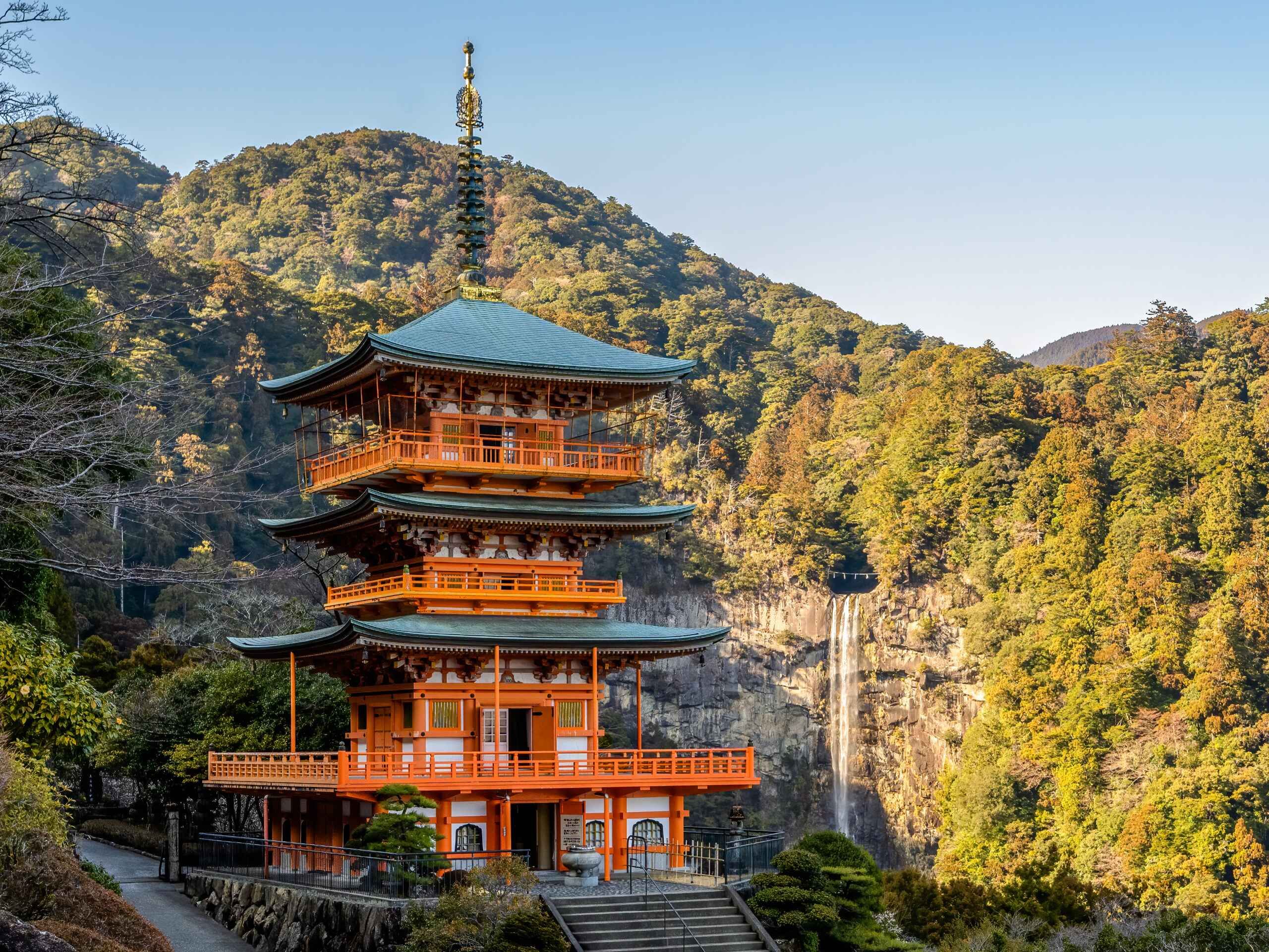 Seiganto-ji pagoda with Nachi Falls in Nachisan, Japan