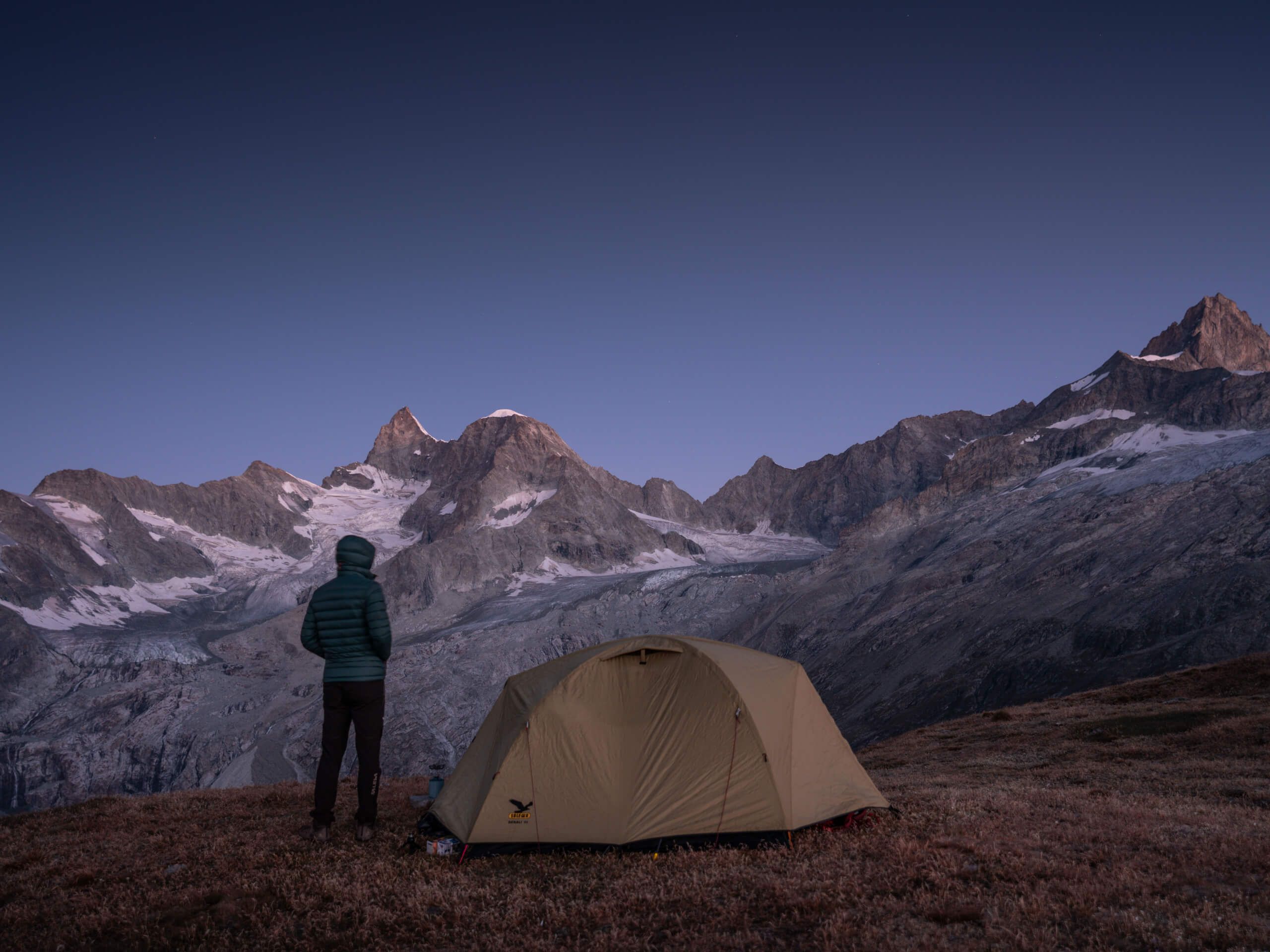 Alpine bivouac tent glacier mountains