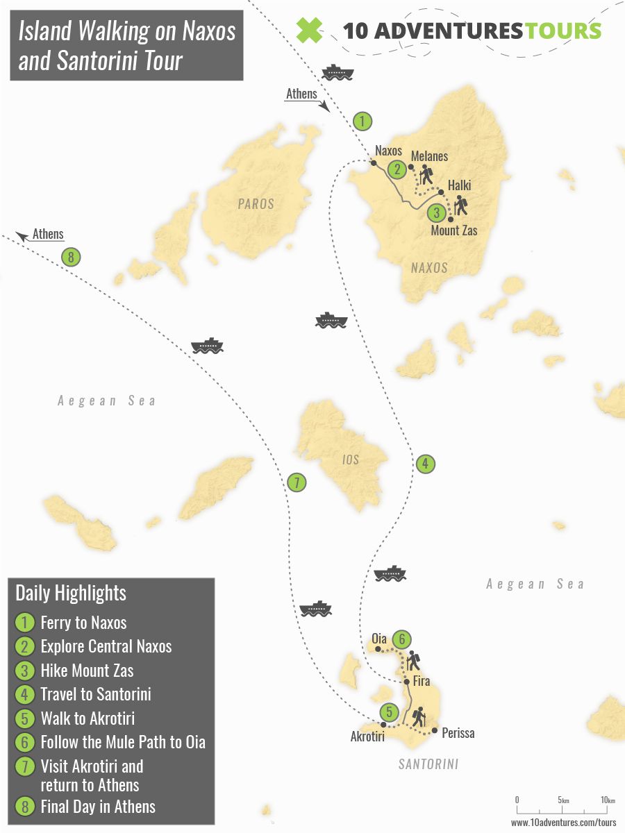 Map of Island Walking on Naxos and Santorini Tour
