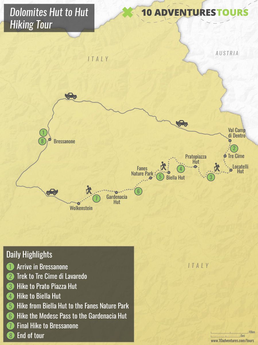 Map of Dolomites Hut to Hut Hiking Tour