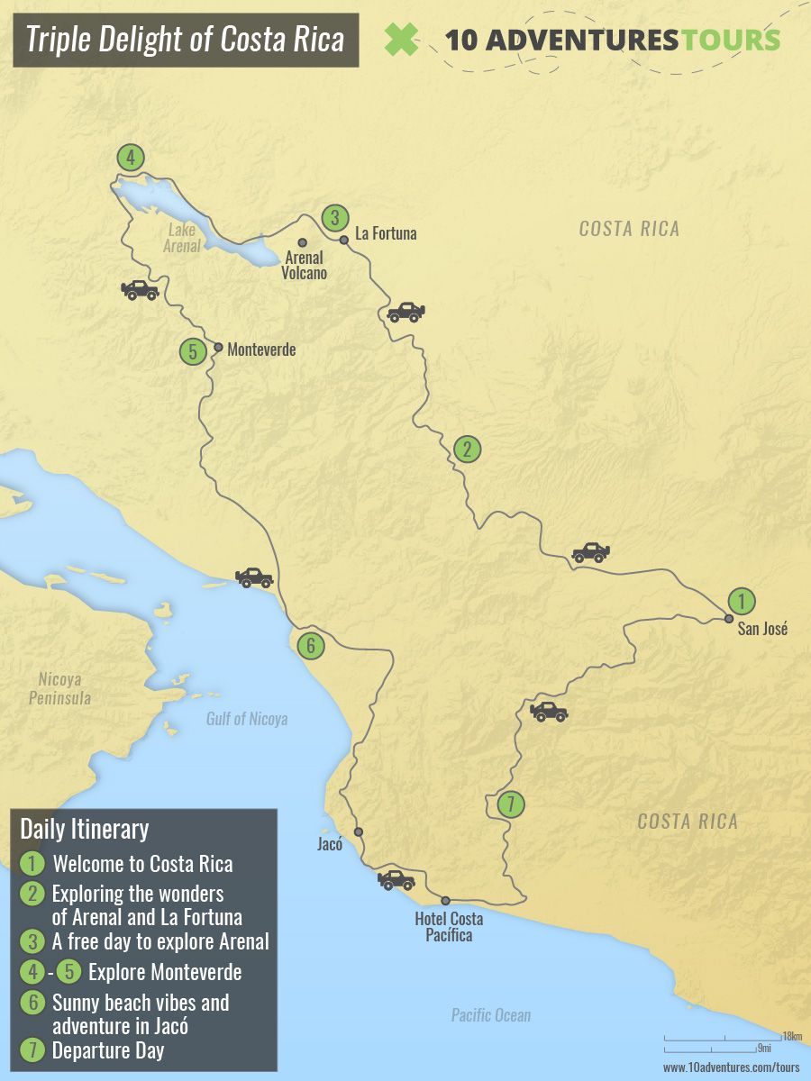 Map of Triple Delight of Costa Rica Tour