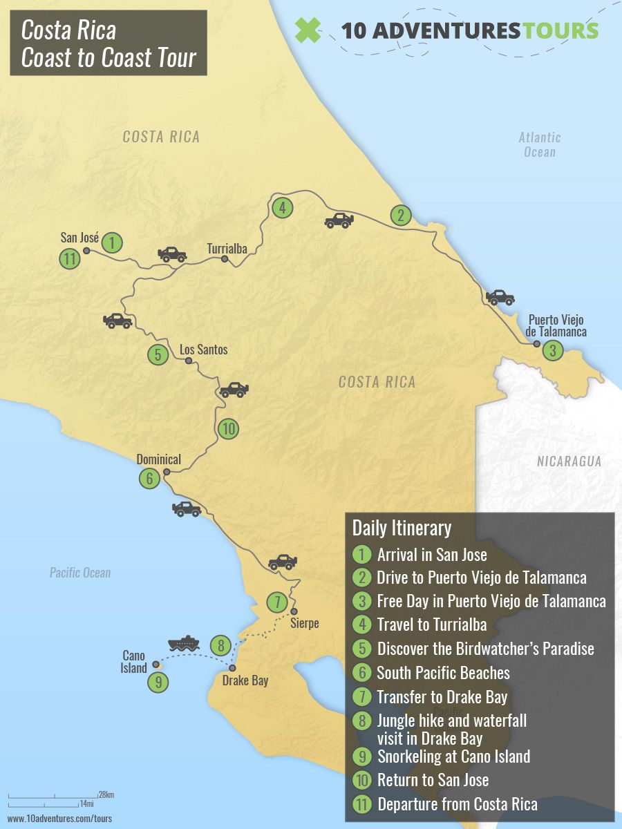 Map of Costa Rica Coast to Coast Tour