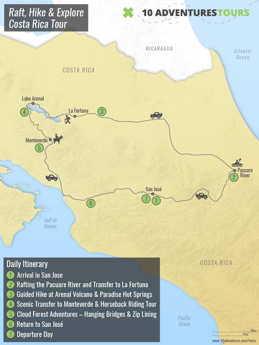 Map of Raft, Hike & Explore Costa Rica Tour