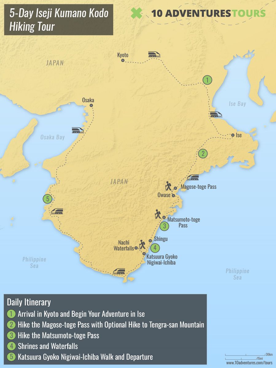 Map of 5-Day Iseji Kumano Kodo Hiking Tour
