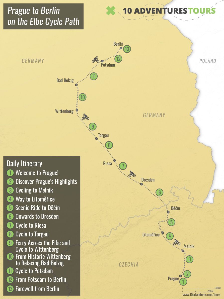 Map of Prague to Berlin on the Elbe Cycle Path