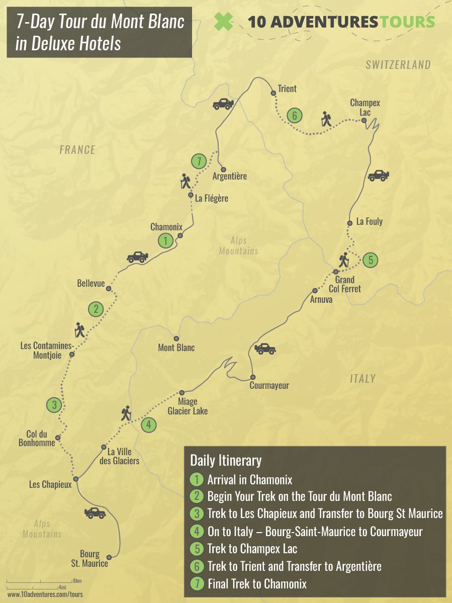 Map of 7-Day Tour du Mont Blanc in Deluxe Hotels