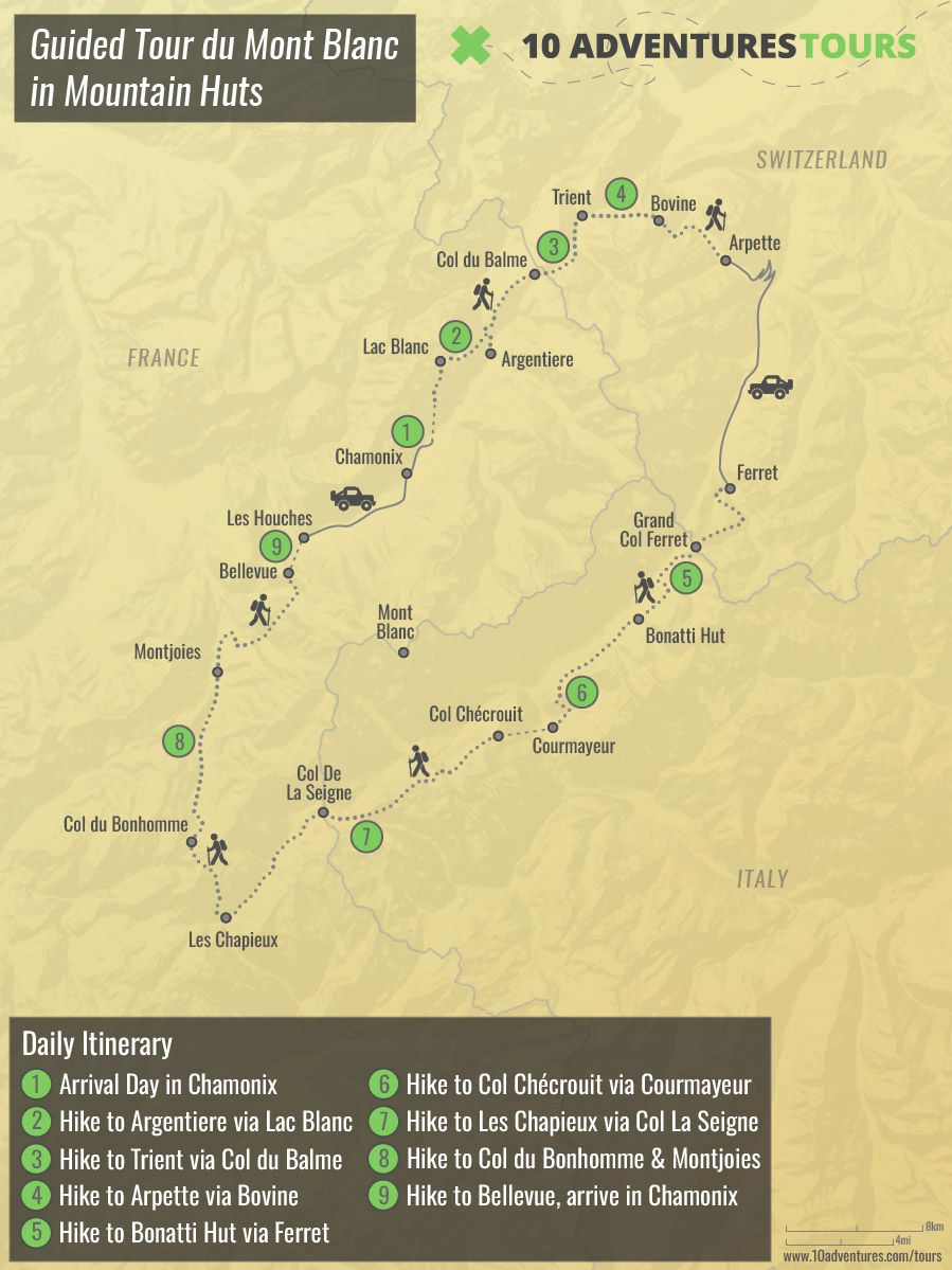 Map of 9-Day Guided Highlights of the Tour du Mont Blanc in Mountain Huts