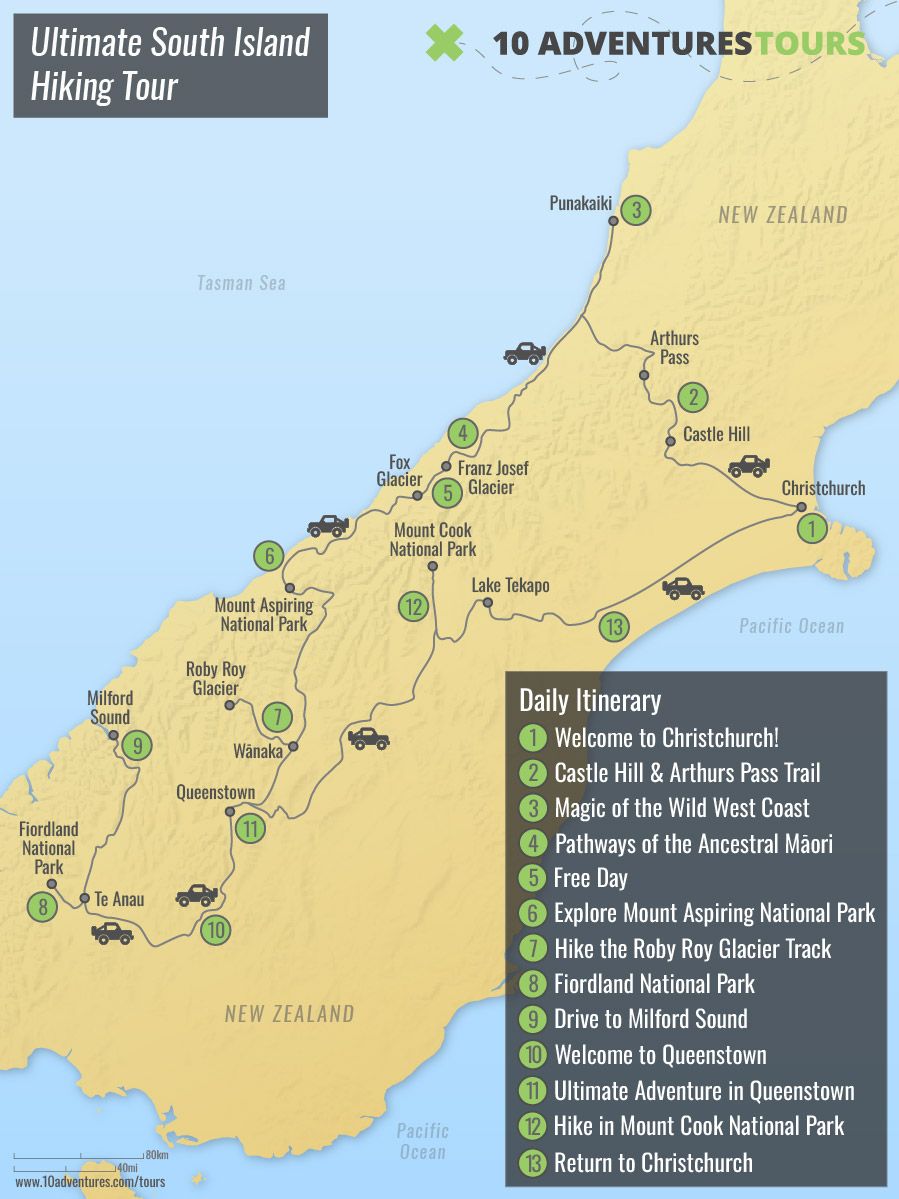 Map of Ultimate South Island Hiking Tour