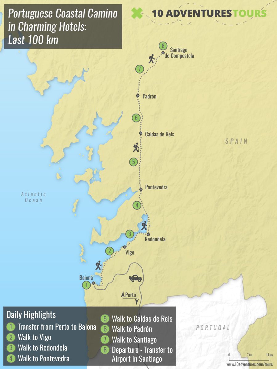 Map of Portuguese Coastal Camino in Charming Hotels: Last 100 KM