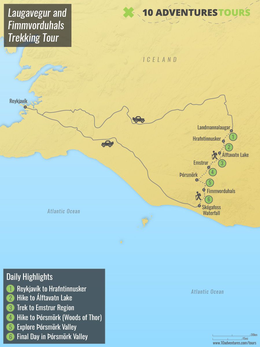 Map of Laugavegur and Fimmvorduhals Guided Trekking Tour
