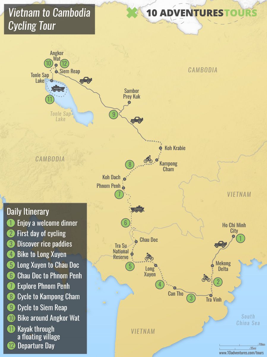 Map of Vietnam to Cambodia Cycling Tour