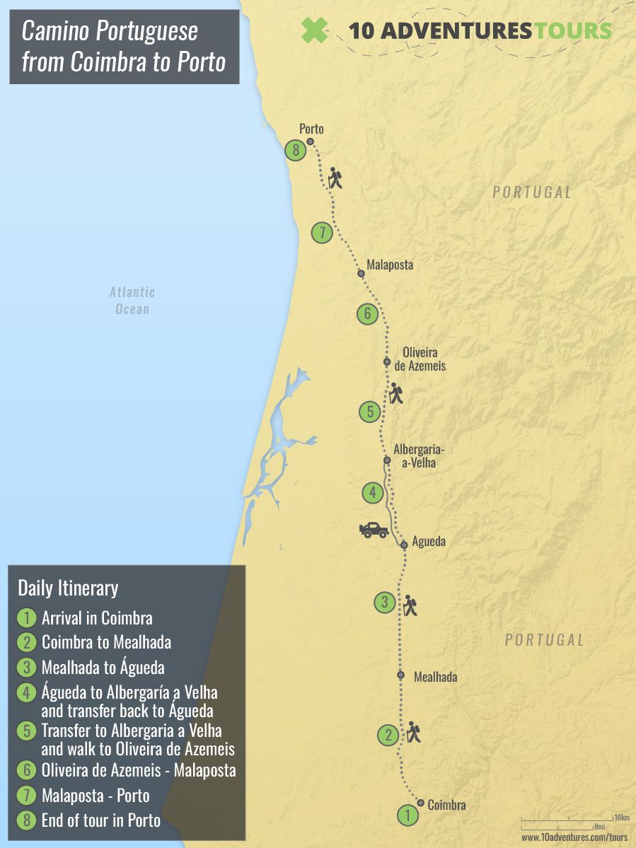 Map of Camino Portuguese from Coimbra to Porto