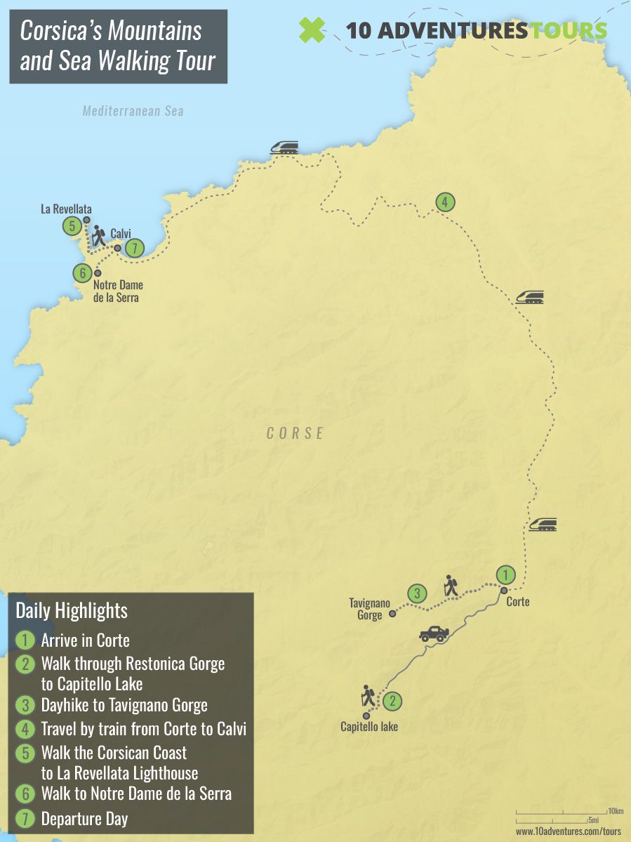 Map of Corsica’s Mountains and Sea Walking Tour