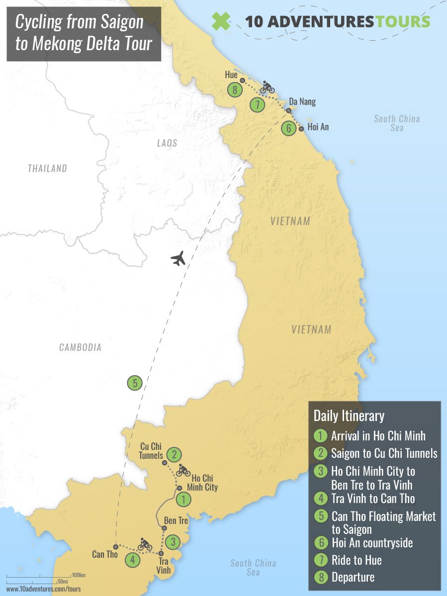 Map of Cycling from Saigon to Mekong Delta Tour