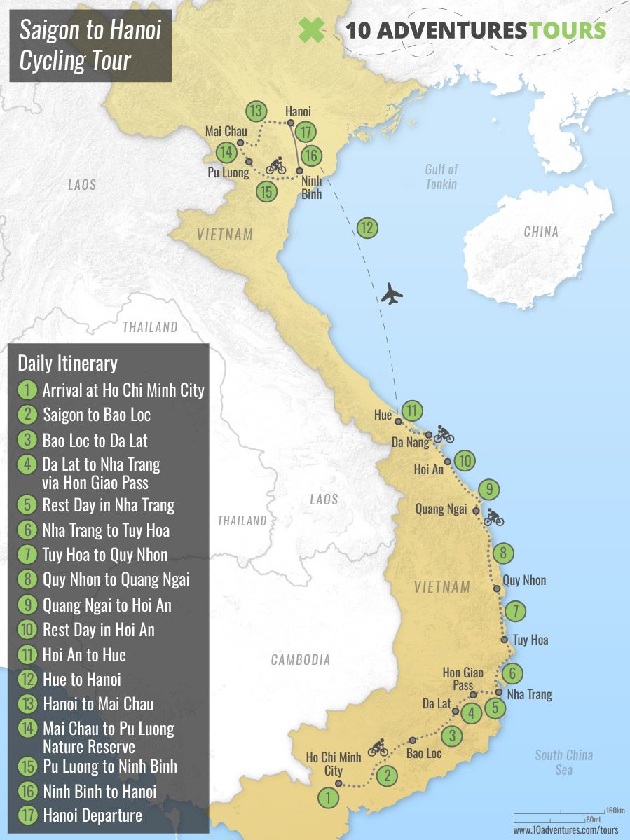Map of Saigon to Hanoi Cycling Tour