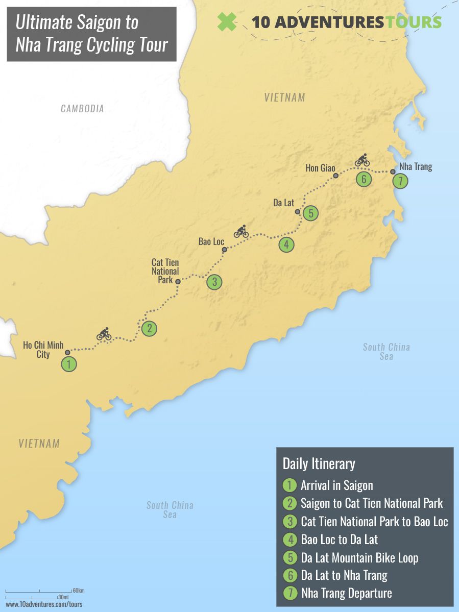 Map of Ultimate Saigon to Nha Trang Cycling Tour