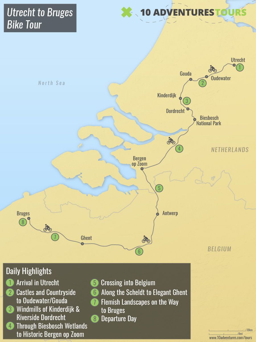 Map of Utrecht to Bruges Bike Tour
