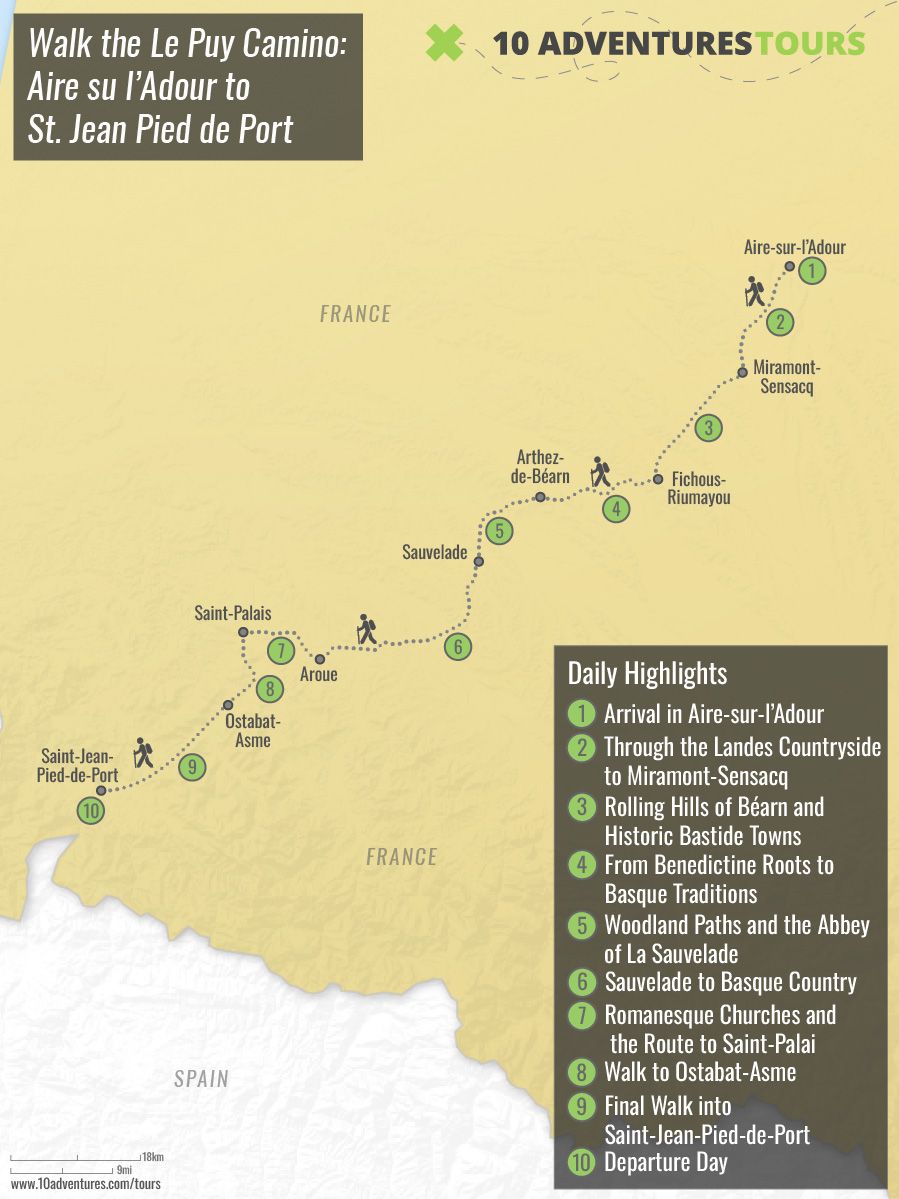 Map of Walk the Le Puy Camino: Aire sur l’Adour to St. Jean Pied de Port