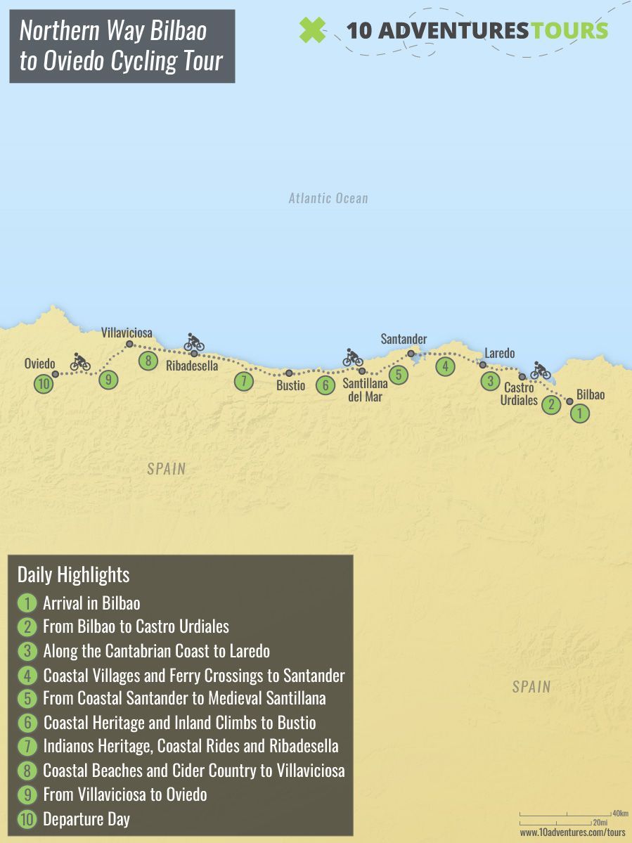 Map of Northern Way Bilbao to Oviedo Cycling Tour