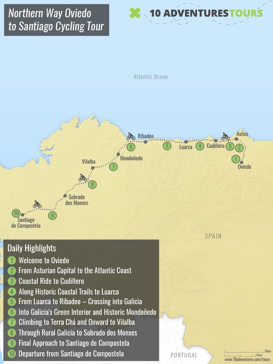 Map of Northern Way Oviedo to Santiago Cycling Tour