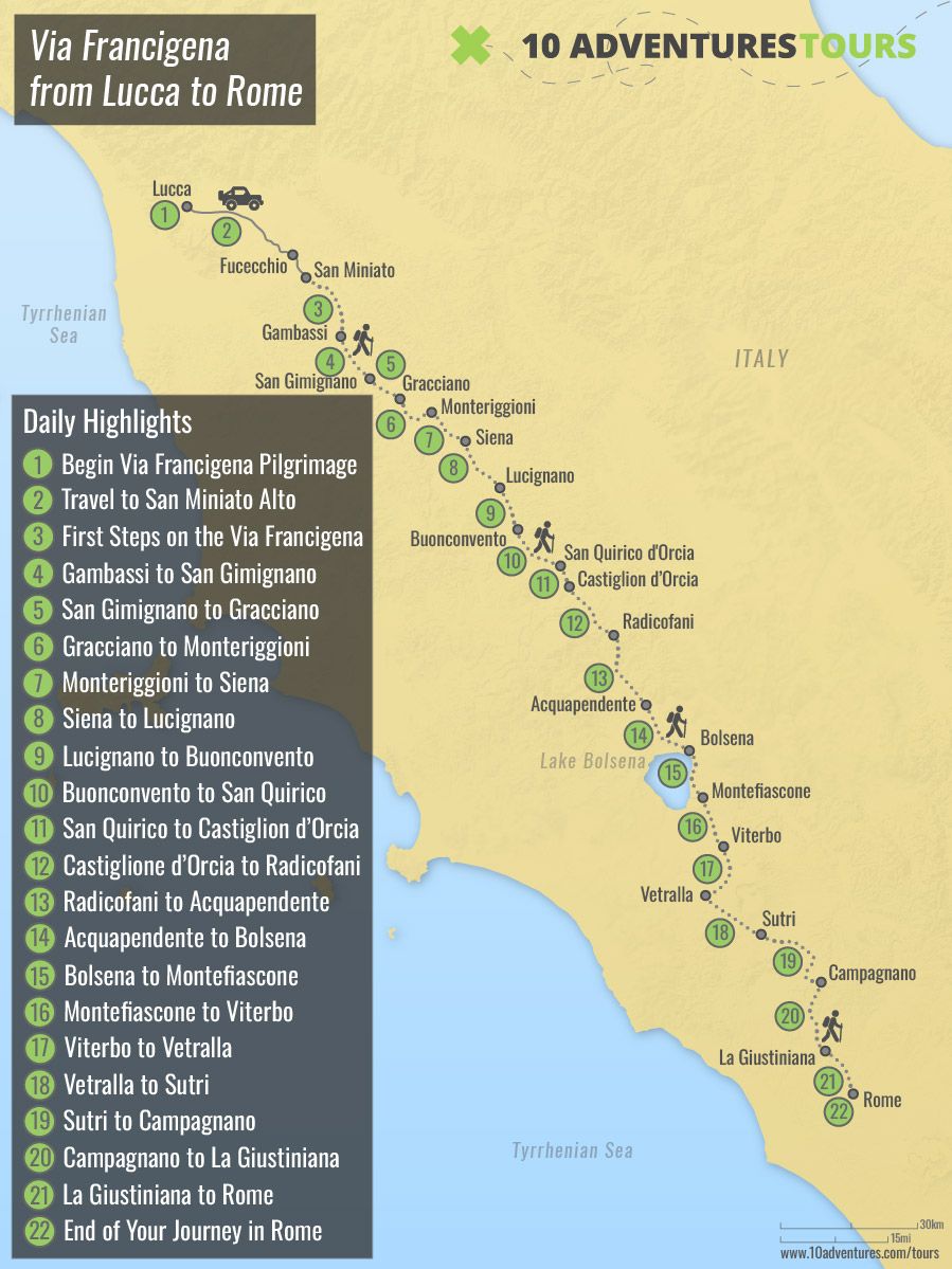 Map of Via Francigena from Lucca to Rome