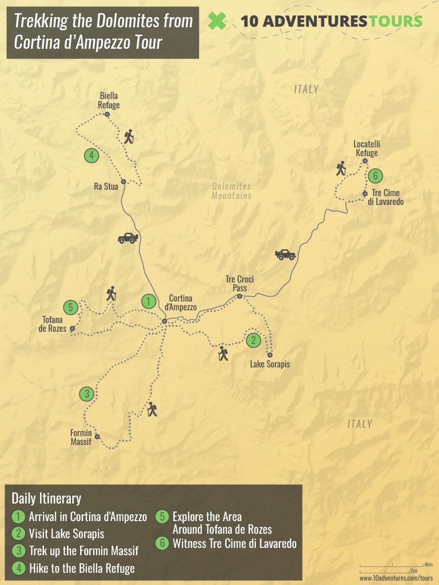 Map of Trekking the Dolomites from Cortina d’Ampezzo Tour