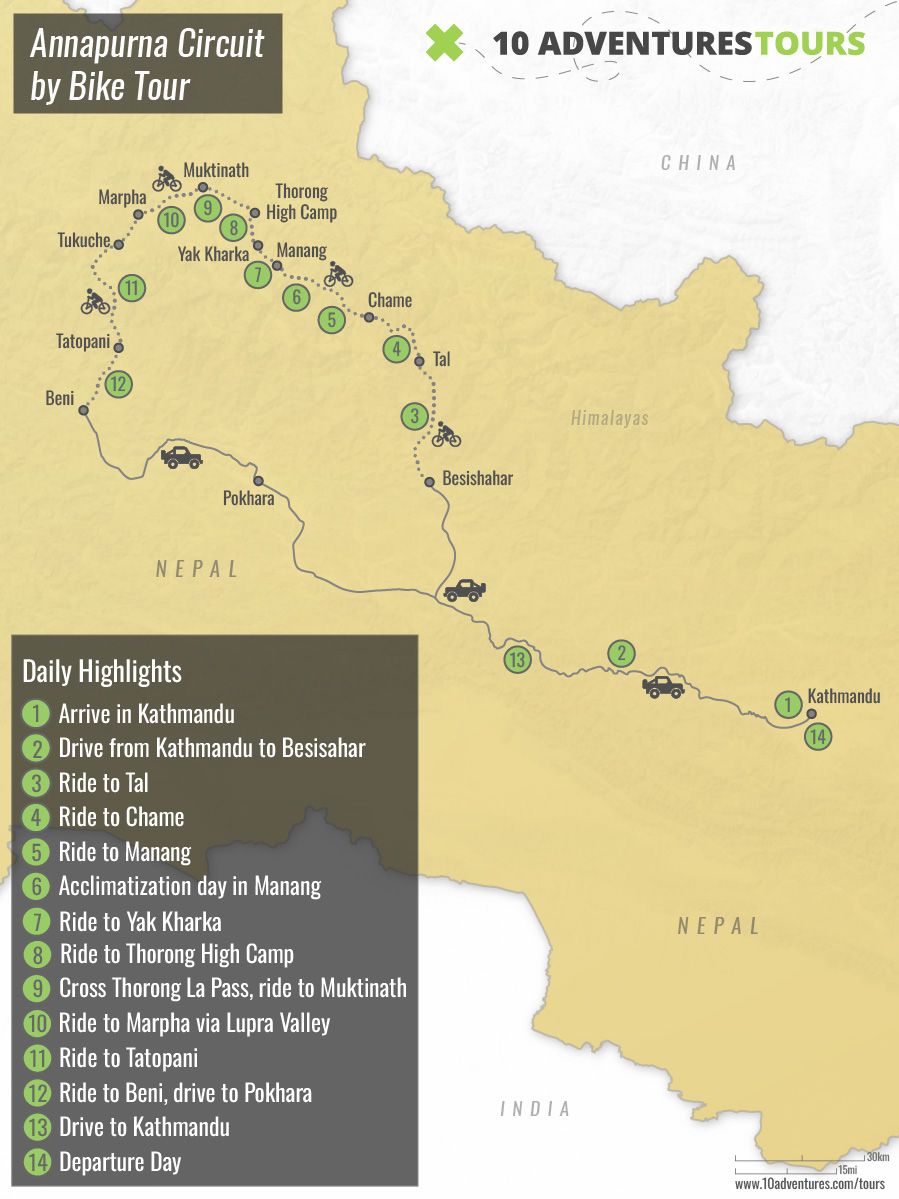 Map of Annapurna Circuit by Bike Tour