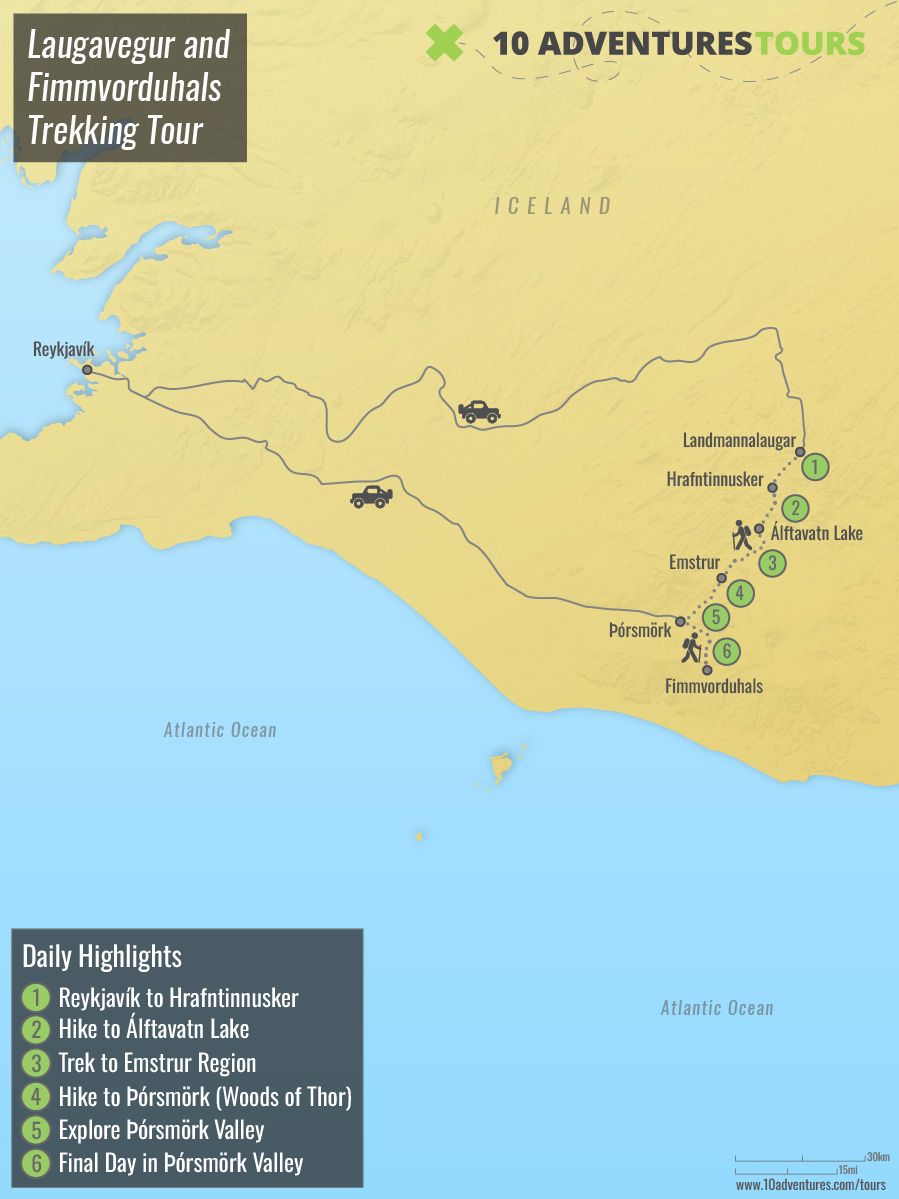 Map of Laugavegur and Fimmvorduhals Guided Trekking Tour